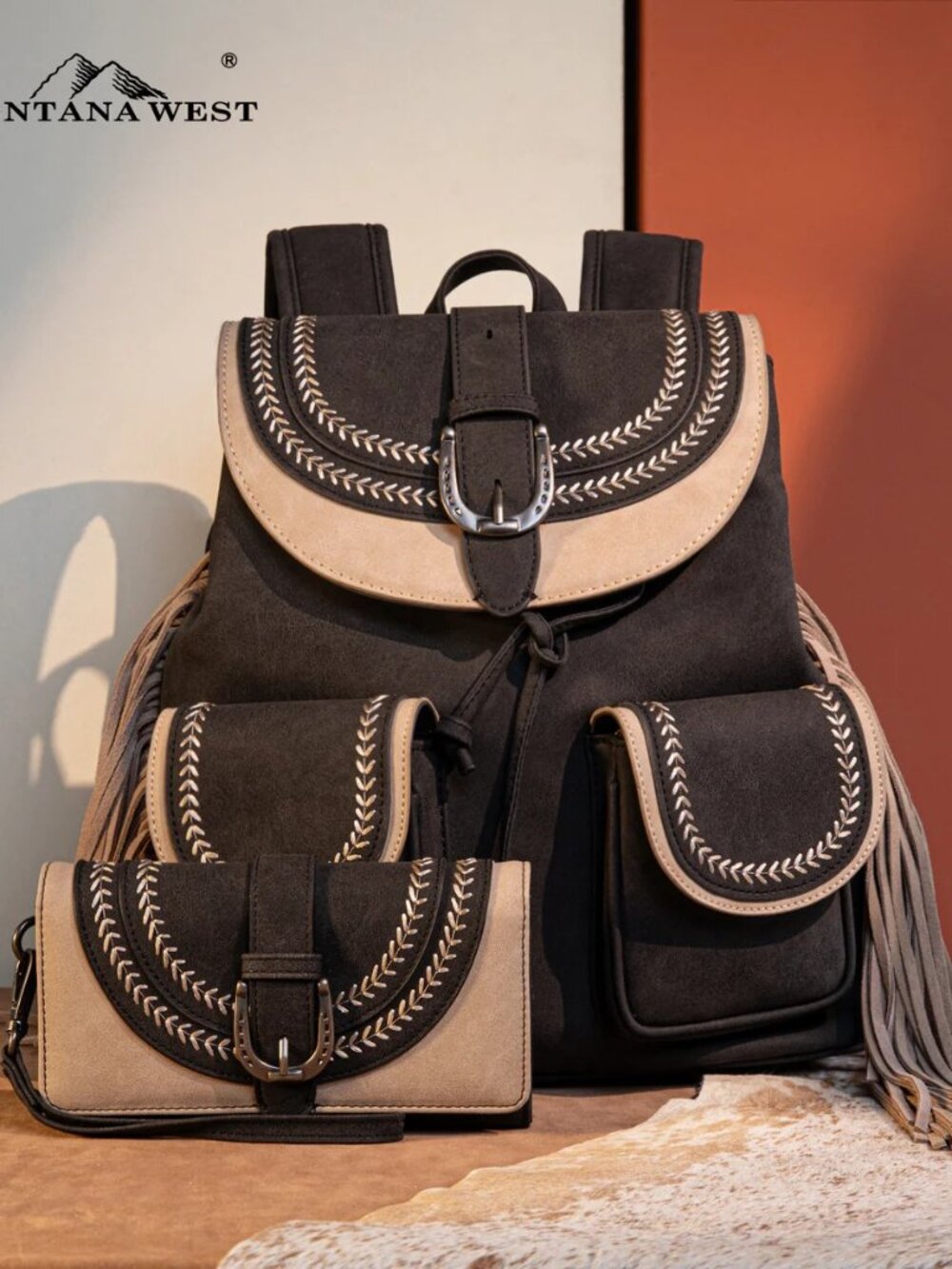 Montana West Fringe Buckle Collection Backpack Wallet Set-Black